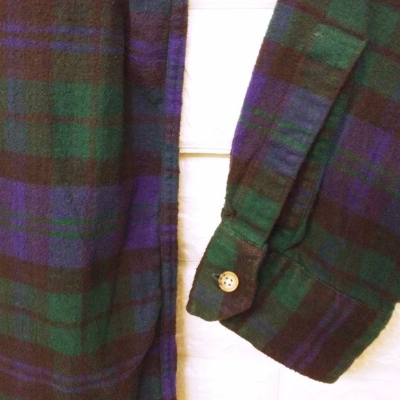Vtg 80s Arrow Flannel Shirt -XL Button-Down Pocket LSL Winter Cabin Blue Green - Picture 5 of 8